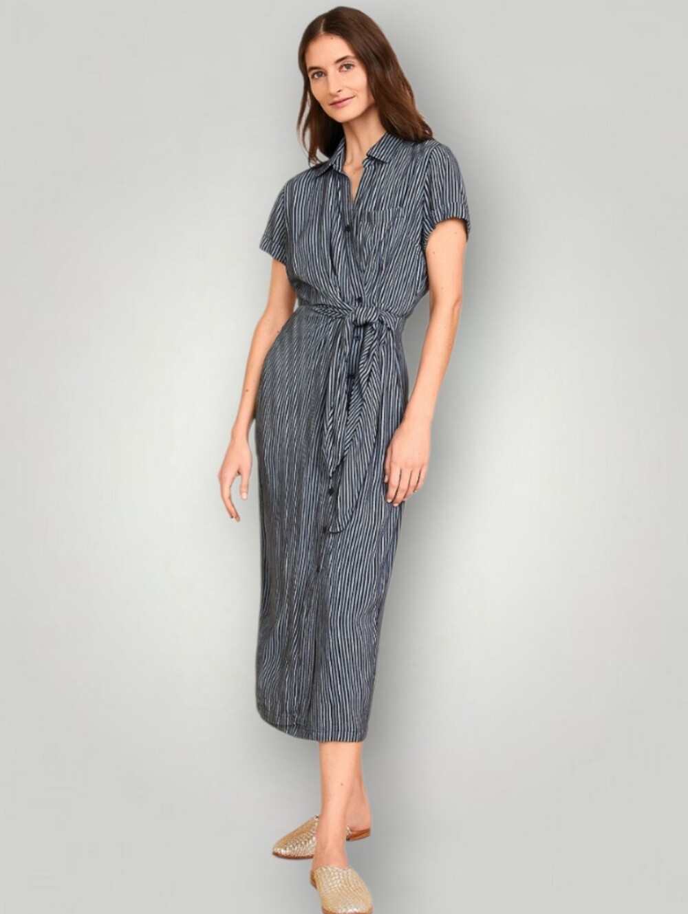 Garnet Hill Anya Tie-Front Crepe Shirtdress Womens 10 Black‎ Gray Stripe Pockets